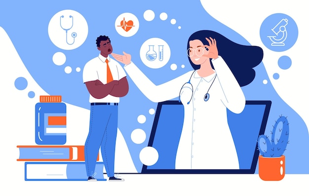 Videollamada de paciente a médico Hombre consulta con terapeuta en línea Vector ilustración plana