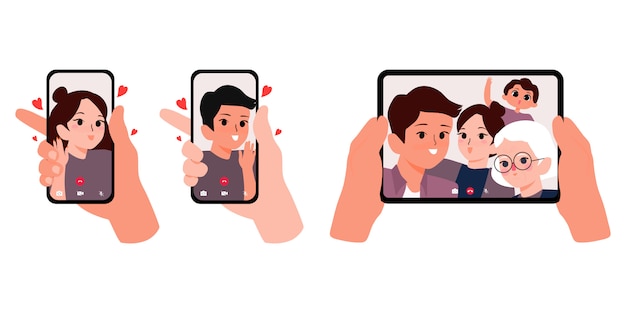 Videollamada con un ser querido. hombre mano smartphone con novia en la pantalla. mano femenina con novio. manos sosteniendo la tableta con la familia en la ilustración de la pantalla