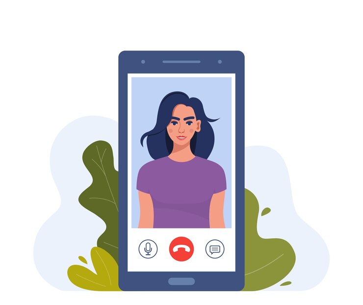 Vector videollamada en teléfono inteligente mujer joven en la pantalla del teléfono inteligente con iconos de conexión