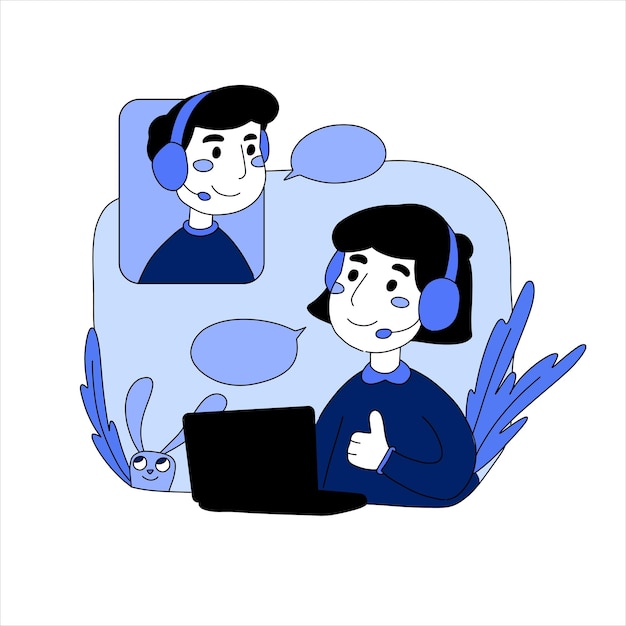 Videollamadas con un amigo Speechbubble servicio de soporte de mensajes en línea en todo el mundo 24 ventanas de diálogo Concepto de comunicación Ilustración vectorial en color azul en estilo plano de la gente