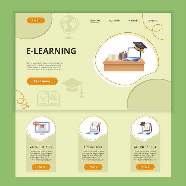 Vector videotutorial de plantilla de sitio web de página de destino plana de aprendizaje electrónico