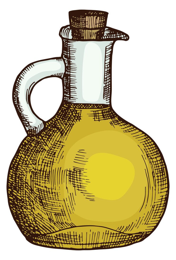 Vector vidrio de aceite virgen grabado en botella de producto de oliva aislado sobre fondo blanco