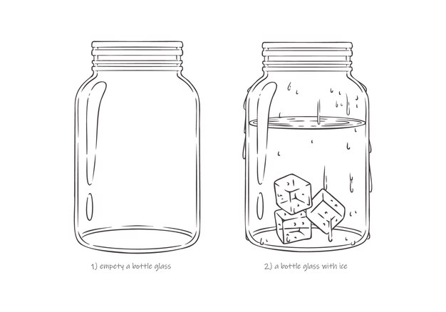 Vidrio de botella vacía dibujado a mano y vidrio con ilustración de hielo