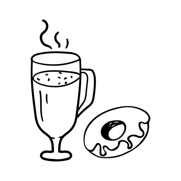 Vidrio en estilo doodle. Dibujo de dibujos animados de café con leche y donut.