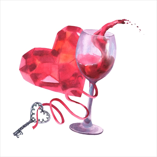 Vector vidrio de ilustración de acuarela con salpicaduras de vino tinto, cristal de diamante de corazón en piedra preciosa de color rosa.
