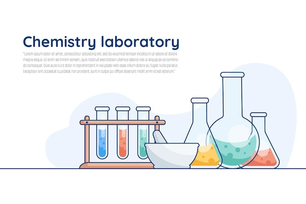 Vidrio de laboratorio y equipos para reacciones químicas y experimentos de estilo plano moderno