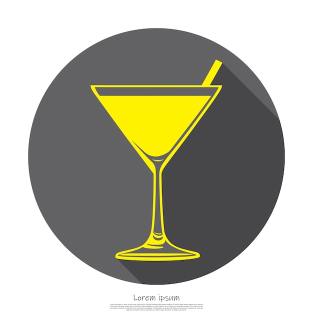 Vidrio de Martini amarillo brillante con paja en círculo gris Diseño plano minimalista