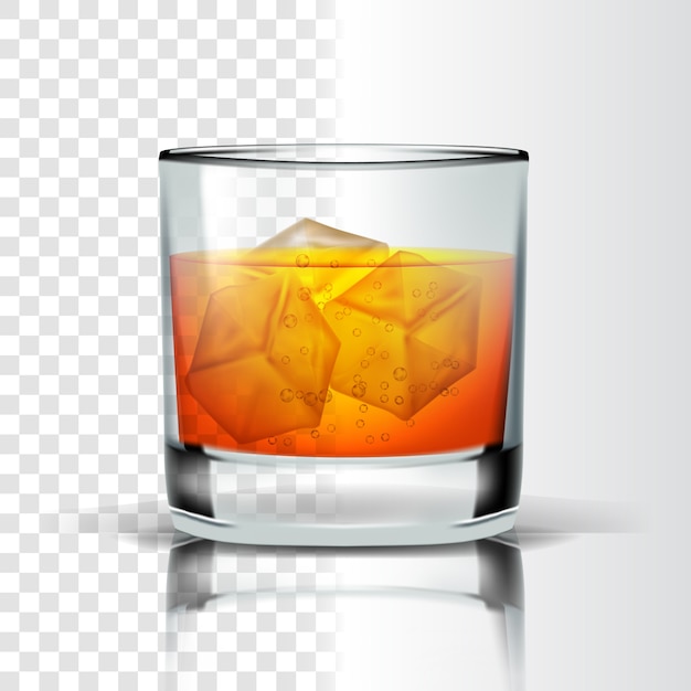 Vidrio realista con Bourbon y cubitos de hielo