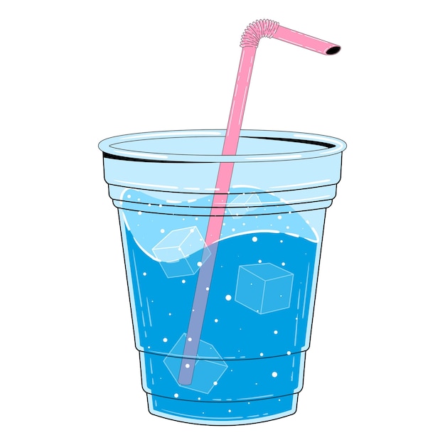 Vidrio recto con agua y hielo en estilo de dibujos animados retro ilustración plana vectorial de un vidrio de plástico