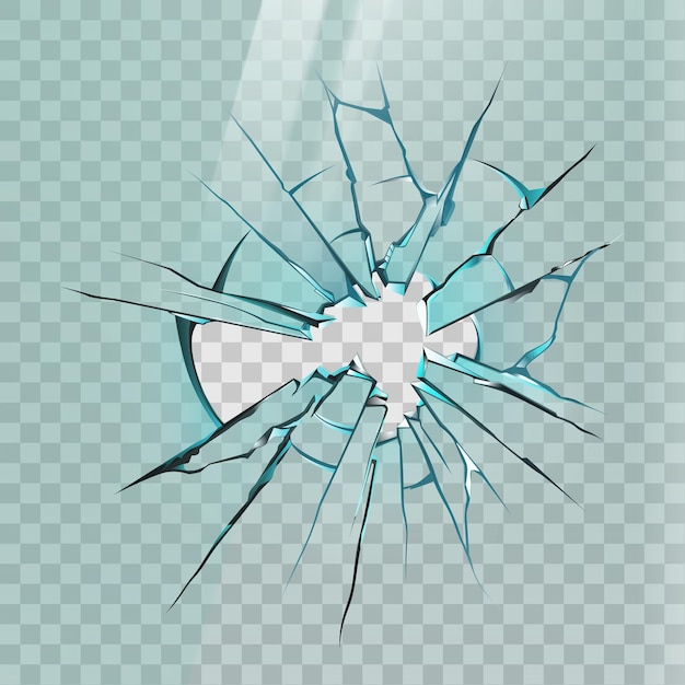 Vector vidrio roto. grieta realista en ventana, hielo o espejo con fragmentos afilados y agujero. efecto de pantalla rota, maqueta de vector de vidrio roto. ilustración de accidente de vidrio, vandalismo destrozado, textura afilada