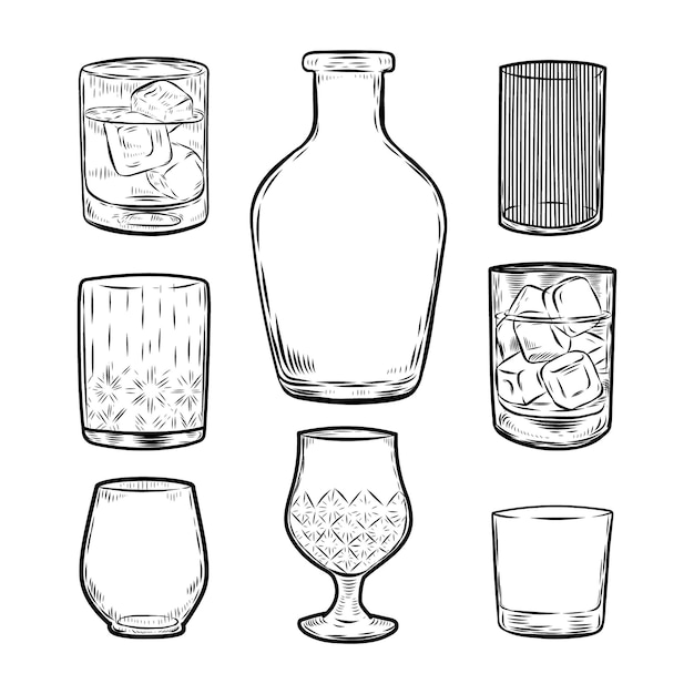 Vector vidrios para dibujar líneas de alcohol aisladas sobre fondo blanco