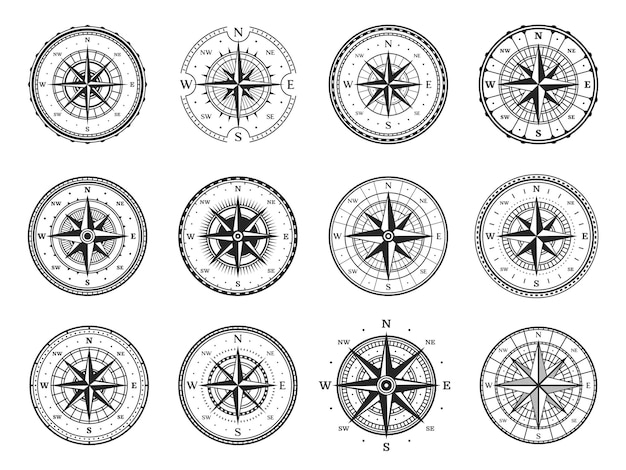 Vieja brújula mapa vintage rosa de viento navegación marina y cartografía náutica dirección vectorial estrellas brújula de navegación retro con dirección de flecha sureste norte y oeste en la rosa de vientos