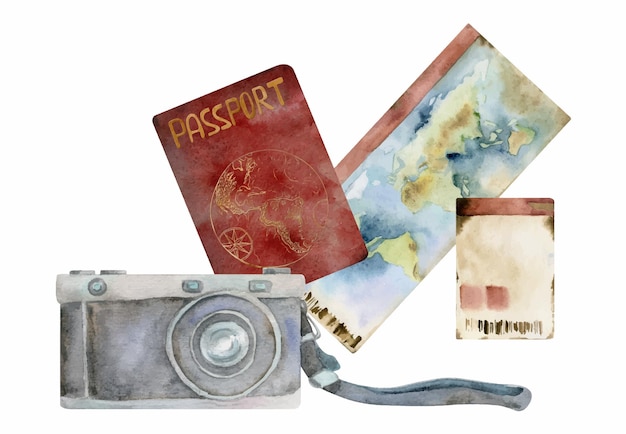 Vieja cámara fotográfica antigua mundo multinacional pasaporte documento de identidad billete cupón permiso acuarela