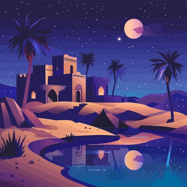 vieja casa árabe en el desierto oasis en la noche vector