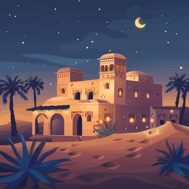 vieja casa árabe en el desierto oasis en la noche vector