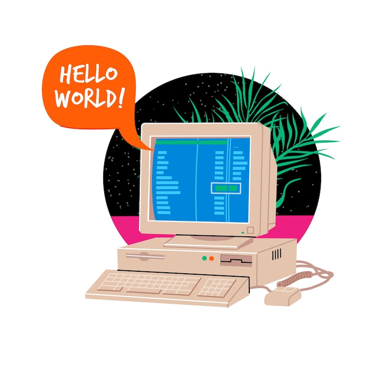 Vector vieja computadora de oficina de los años 80 y 90 con tecnología obsoleta gran monitor y cuerpo de color beige clásico los anuncios retro para ti o curso de programación comienzan desde lo básico 101 ilustración de vector nostálgico