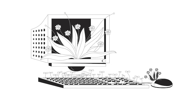 Vieja computadora con plantas en crecimiento papel tapiz de lofi negro y blanco