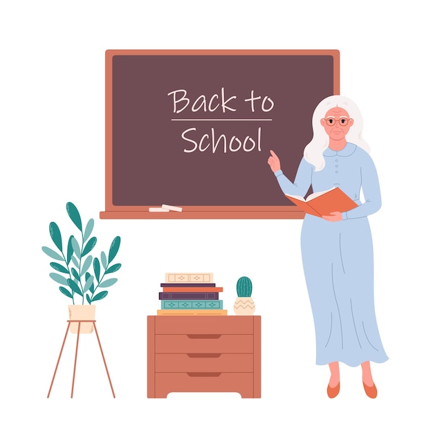 Vieja maestra en el aula cerca de la pizarra Conferencia o lección de educación de regreso a la escuela
