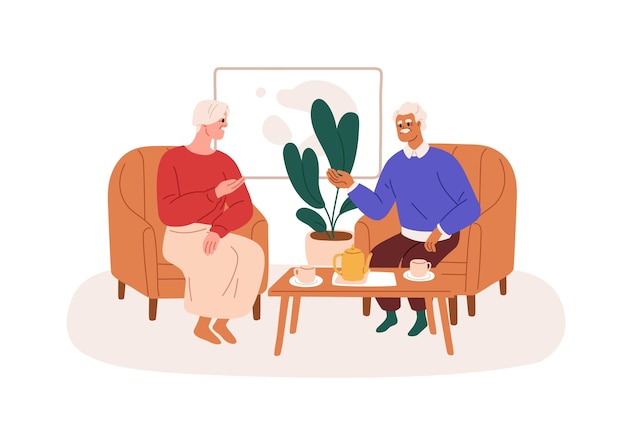 Vieja pareja amorosa relajándose con té. Feliz hombre y mujer de edad avanzada descansando en casa, hablando. Comunicación entre esposa anciana y esposo mayor. Ilustración de vector plano aislado sobre fondo blanco