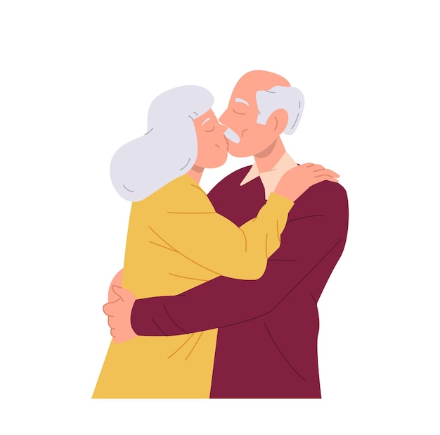 Vector vieja pareja de familia amorosa se besan abrazándose de pie juntos aislados en fondo blanco amado hombre anciano de cabellos grises y mujer madura personaje abrazándose con ilustración vectorial de felicidad