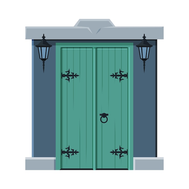 Vector vieja puerta doble verde en estilo vintage ilustración vectorial de elementos de diseño arquitectónico