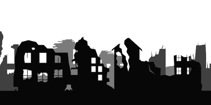 Vector vieja silueta arruinada edificios abandonados y derrumbados conjunto casas de apartamentos dañados guerra o terremoto apocalipsis vector ilustración clipart para concepto de colapso de desastre