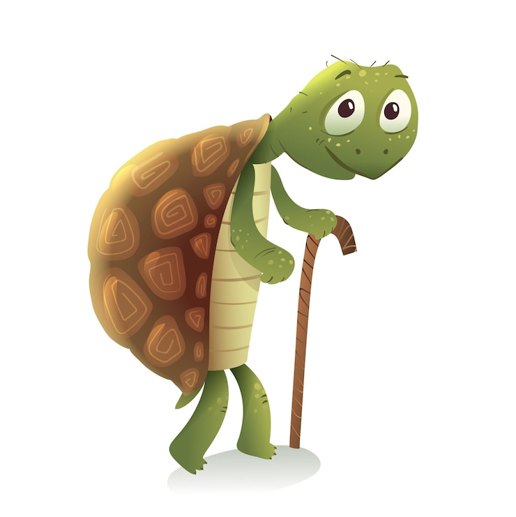 Vector la vieja tortuga feliz o tortuga caminando con un bastón