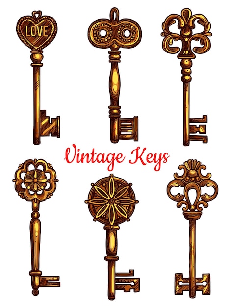 Viejas llaves de metal vintage vector conjunto de iconos aislados