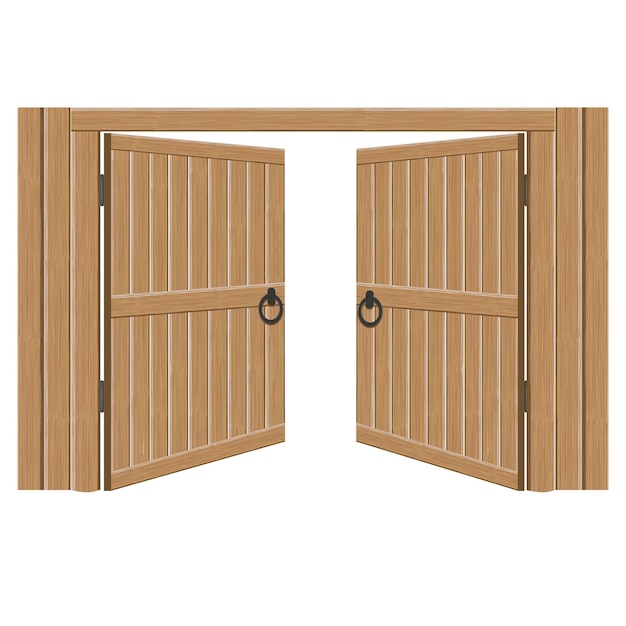 Vector viejas puertas abiertas masivas de madera ilustración vectorial puerta doble con manijas de hierro y bisagras