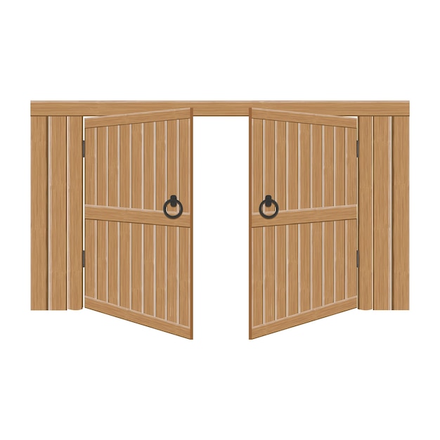 Viejas puertas abiertas masivas de madera ilustración vectorial puerta doble con manijas de hierro y bisagras