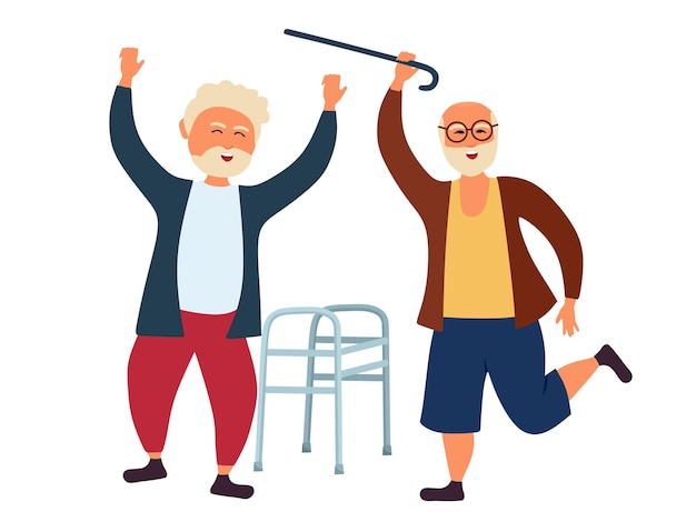 Vector los viejitos del abuelo están bailando tirando un bastón y un andador el viejo está teniendo