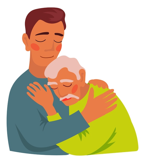 El viejo abraza a su hijo. Ilustración del amor de los padres aislada en el fondo blanco.