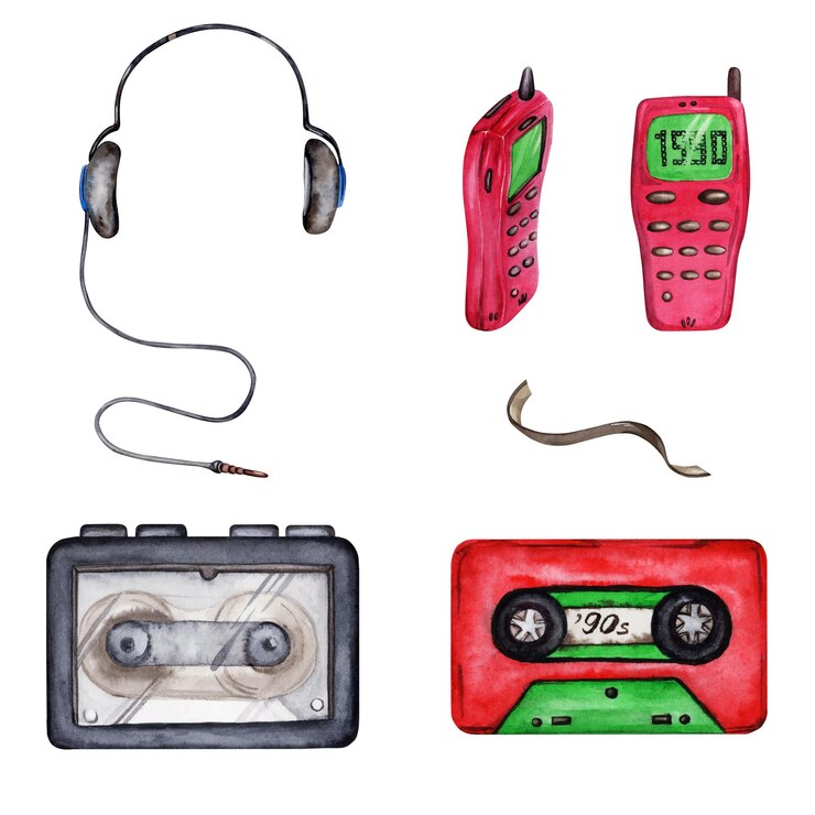 Vector viejo auricular de teléfono móvil reproductor portátil y conjunto de elementos de cinta ilustración de acuarela dibujada a mano