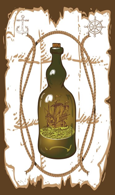 viejo barco en una botella al estilo de gráficos de libros de dibujos animados