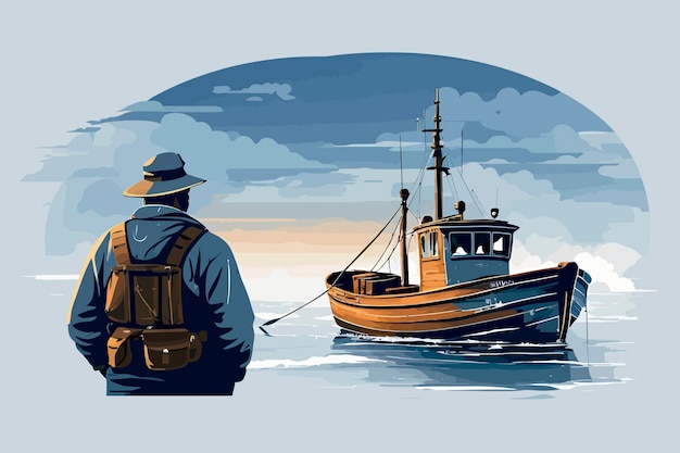 Viejo barco de pesca niebla fondo azul tormentoso viejo pescador ilustración