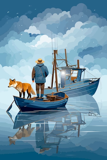viejo barco de pesca niebla fondo azul tormentoso viejo pescador ilustración