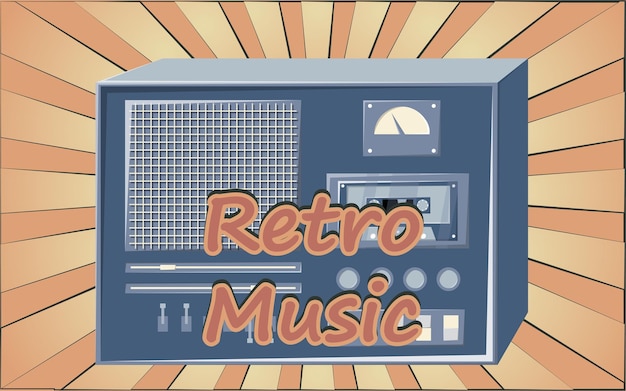 Viejo cartel retro vintage con grabadora de casete de música con babbin de cinta magnética en carretes