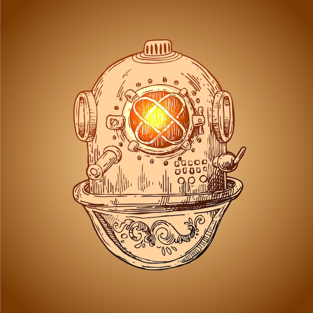 Viejo casco de buceo vintage Ilustración de vector dibujado a mano