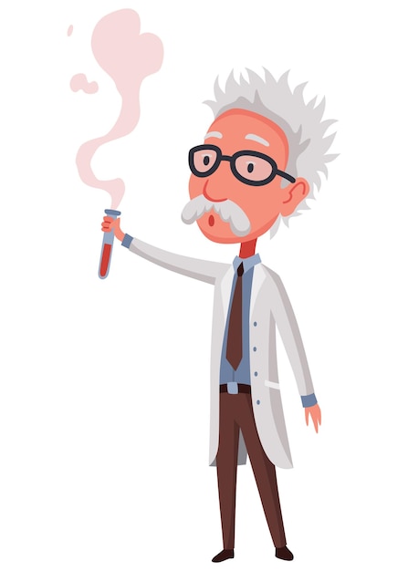 Viejo científico sosteniendo matraz químico Divertido personaje bigotudo con gafas y bata de laboratorio Descubrimiento en la ciencia Ilustración vectorial en estilo de dibujos animados