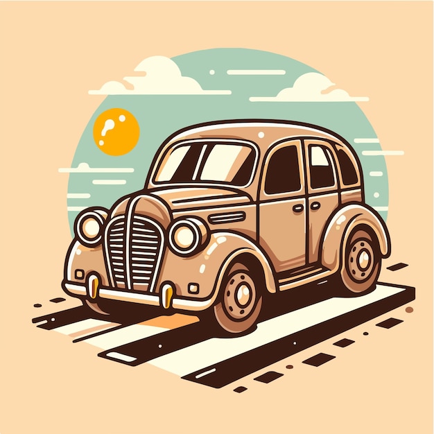 Viejo coche vectorial con un diseño de dibujos animados plano simple y minimalista