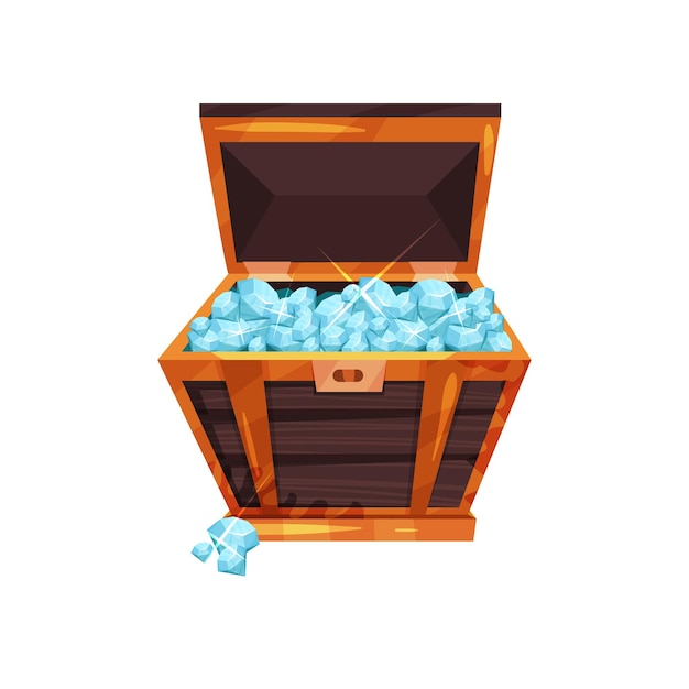 Viejo cofre abierto lleno de piedras preciosas Diamantes azules brillantes en caja de madera Símbolo de riqueza Piedras preciosas valiosas Diseño de vector plano de dibujos animados