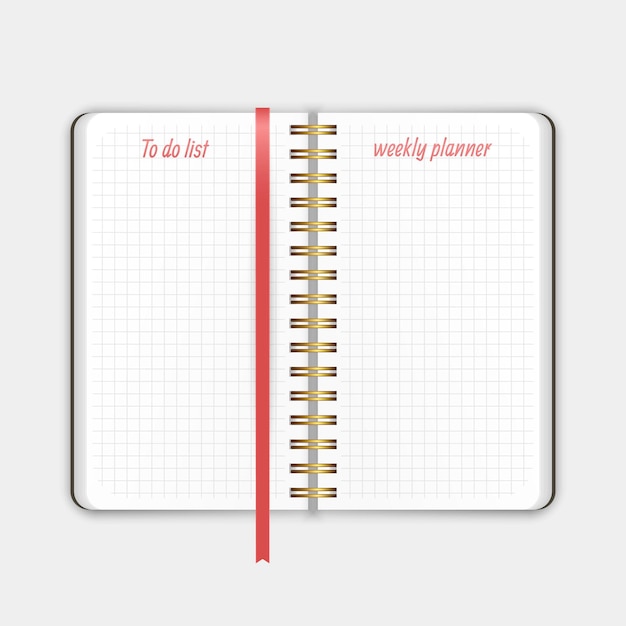 El viejo cuaderno con planificador semanal de marcadores y lista de plantillas de notas