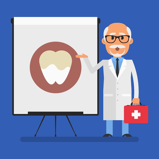 El viejo dentista señala el rotafolio con la imagen del depósito dental