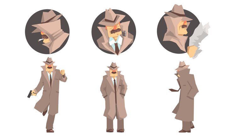 Vector viejo detective privado con bigote en diferentes poses ilustración vectorial aislada sobre fondo blanco