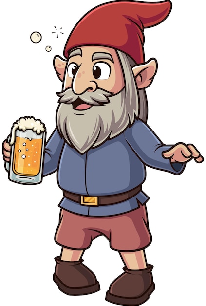 El viejo gnomo gracioso se emborracha con cerveza Vector clip art de dibujos animados