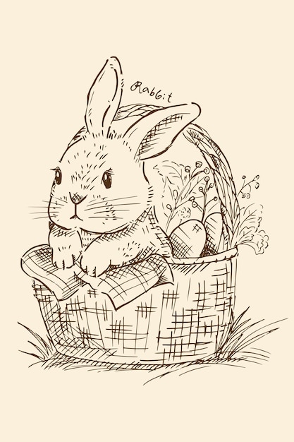 Vector viejo grabado dibujo a mano conejito conejo lindo ilustración vectorial con canasta