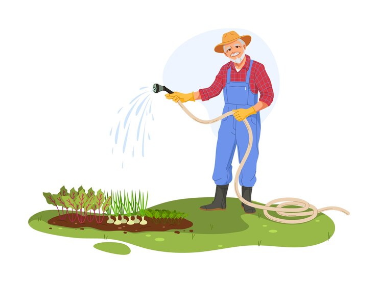 Vector el viejo granjero sonriente del dibujos animados regando la cama del jardín