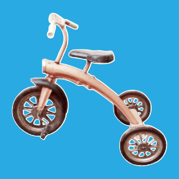 Un viejo juguete de los años 90. bicicleta de tres ruedas con efecto de semitonos para collages retro.