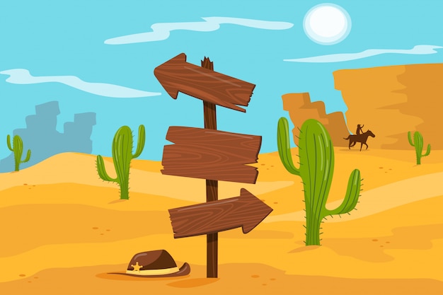 Viejo letrero de madera de pie sobre fondo de paisaje desértico Ilustración, estilo de dibujos animados