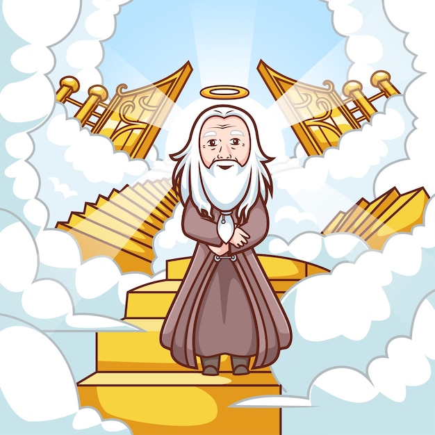 El viejo lindo, el mago brujo en el cielo, el dibujo animado, el icono vectorial, la ilustración, la gente, las vacaciones, el piso aislado.